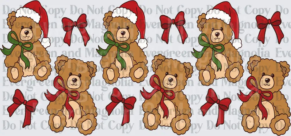 Christmas Teddy Bears Santa Hats Red Bows Holiday Gang