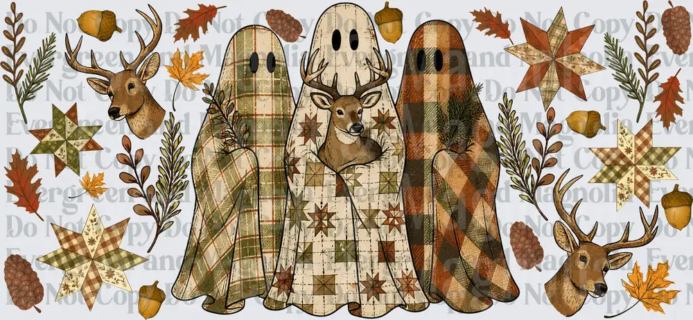 Rustic Fall Plaid Ghost Trio with Deer Autumn Elements