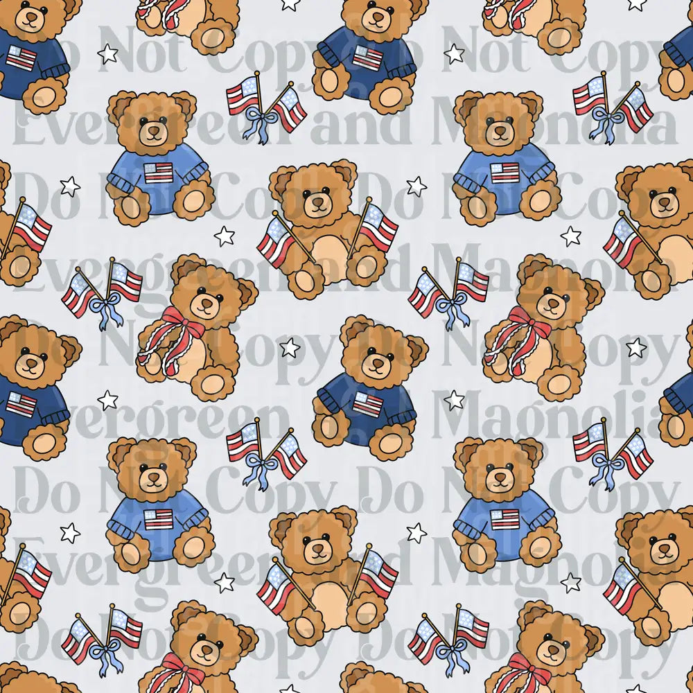 Patriotic Teddy Bear Seamless Pattern with American Flags