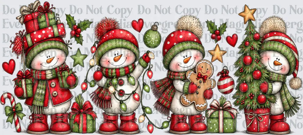 Four Festive Snowmen with Christmas Gifts Lights and Tree