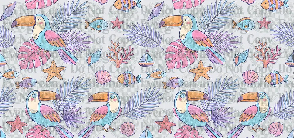 Pastel Tropical Toucan Seamless Pattern with Ocean Elements