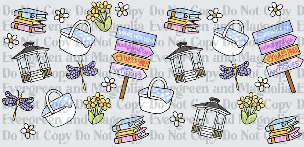 Stars Hollow Town Sign Collage Pastel Doodle Pattern