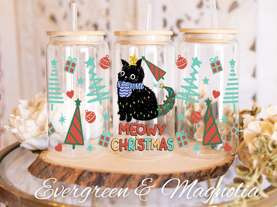 124-Meowy Christmas Cat Black Christmas Tree-animal Christmas-Cartoon Christmas-Christmas Tree-Snowman Christmas