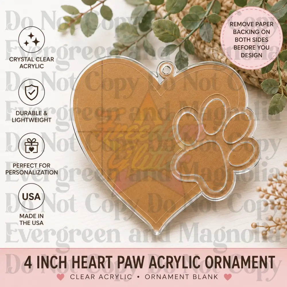Heart with One Paw Prints Acrylic Ornament Blank – 4"