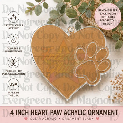 Heart with One Paw Prints Acrylic Ornament Blank – 4"