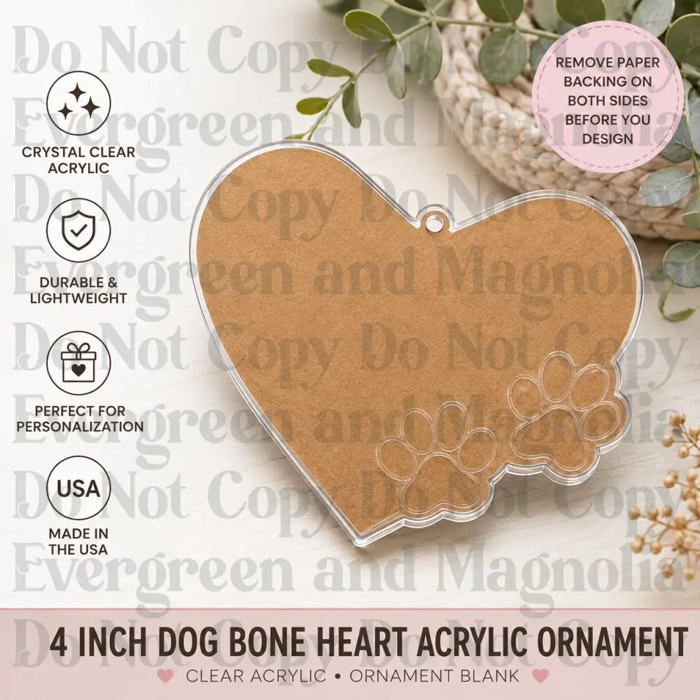 Heart with Two Paw Prints Acrylic Ornament Blank – 4"