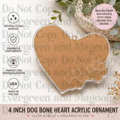 Heart with Two Paw Prints Acrylic Ornament Blank – 4"