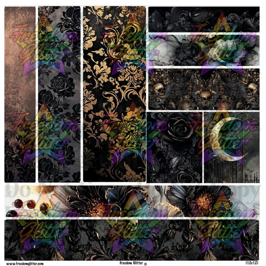 Mixed Image Sheet - Black & Gold Floral and Skulls (Printed Vinyl)