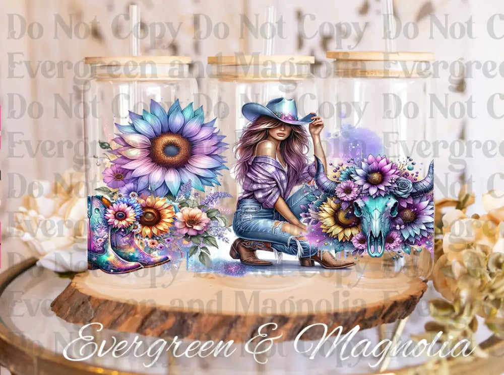 Cowgirl skull flower UV DTF print