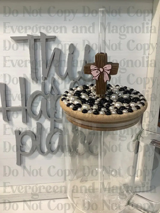 Cross with Pink Bow Straw Topper 10mm