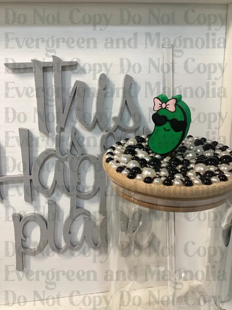 Cute pickle with Pink Bow Straw Topper 10mm