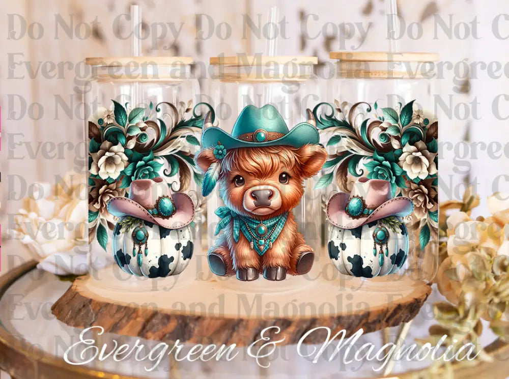 Cute highland cow cowgirl UV DTF print