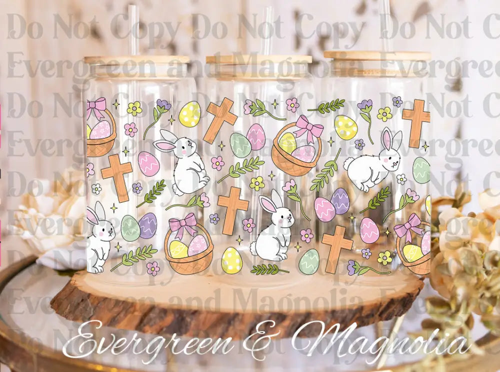 EasterBunniesEggsCrossCup UV DTF print