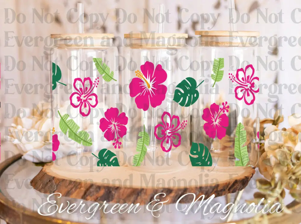 Hibiscus pink & Green UV DTF print