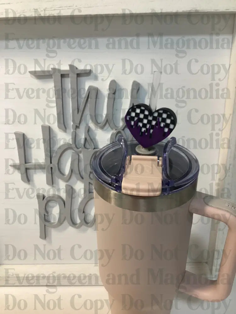 Purple Check flames heart Straw Topper 10mm