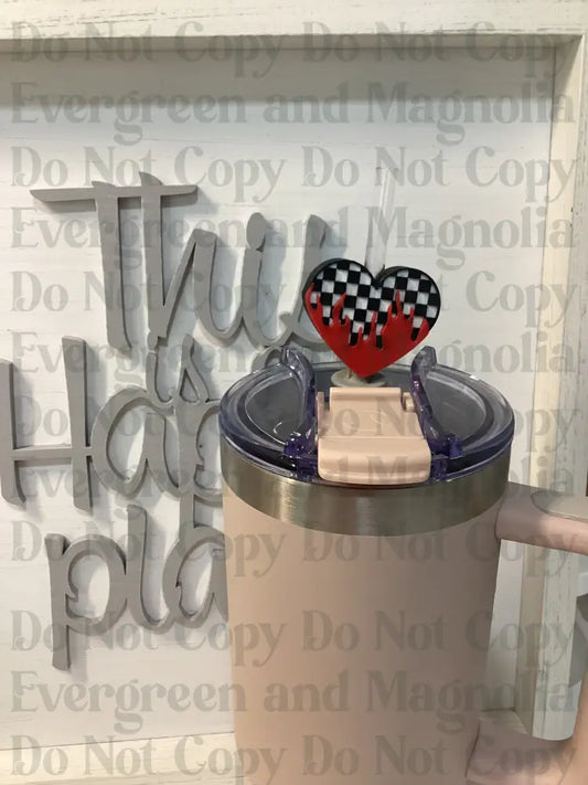 Red Check flames heart Straw Topper 10mm