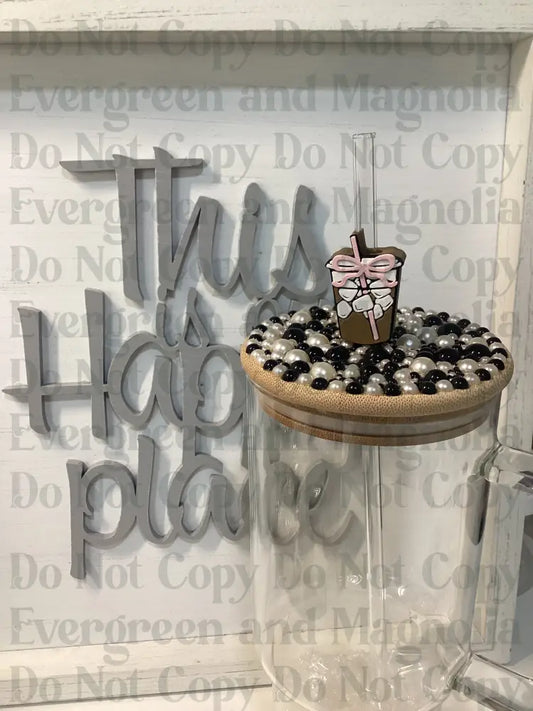 Iced Coffee with PINK bow Straw Topper 10mm