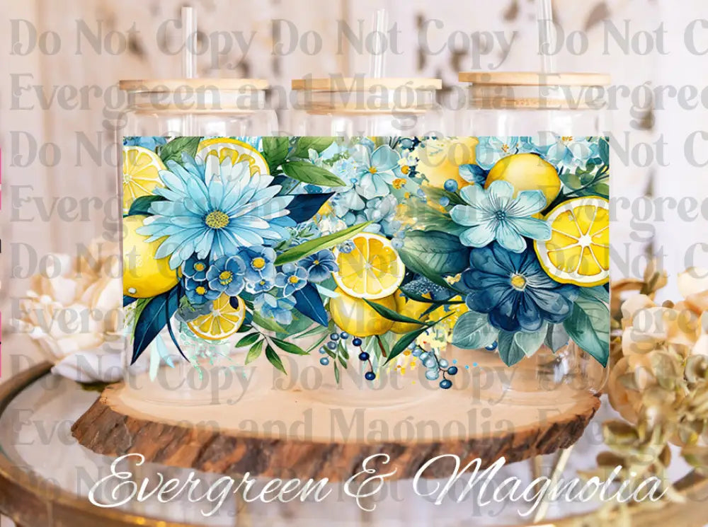 Lemons & Blue flowers UV DTF print
