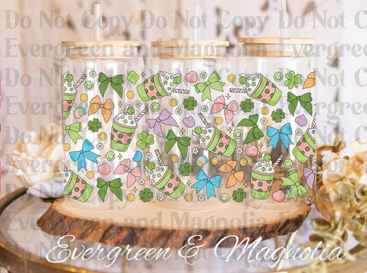 LuckyLatteAndBowsCup UV DTF print