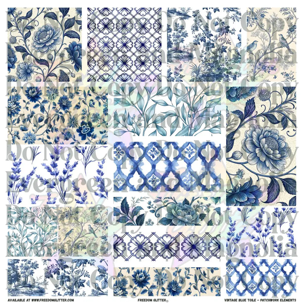 Patchwork Elements - Vintage Blue Toile (Printed Vinyl)