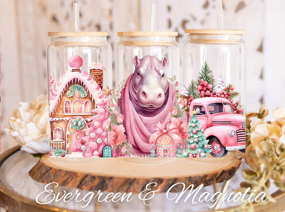 Pink Christmas cute hippo 1