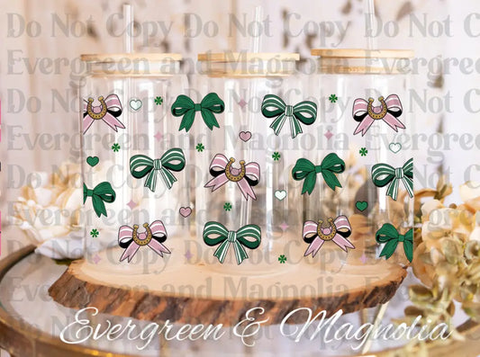 St Patrick Coquette Bow Glass Can Png UV DTF print
