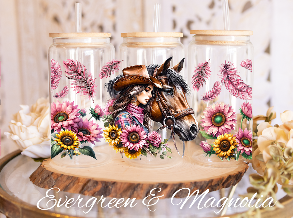 cowgirl horse pink flowers