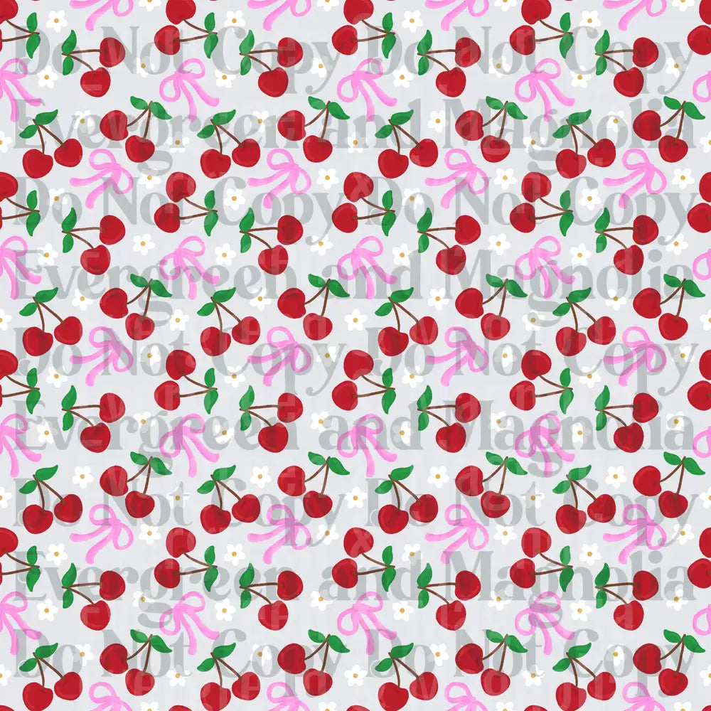 Red Cherries and Pink Bows Scattered Pattern on White