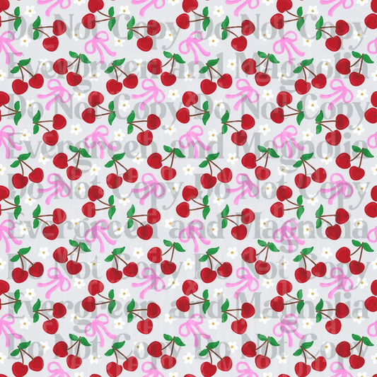 Red Cherries and Pink Bows Scattered Pattern on White