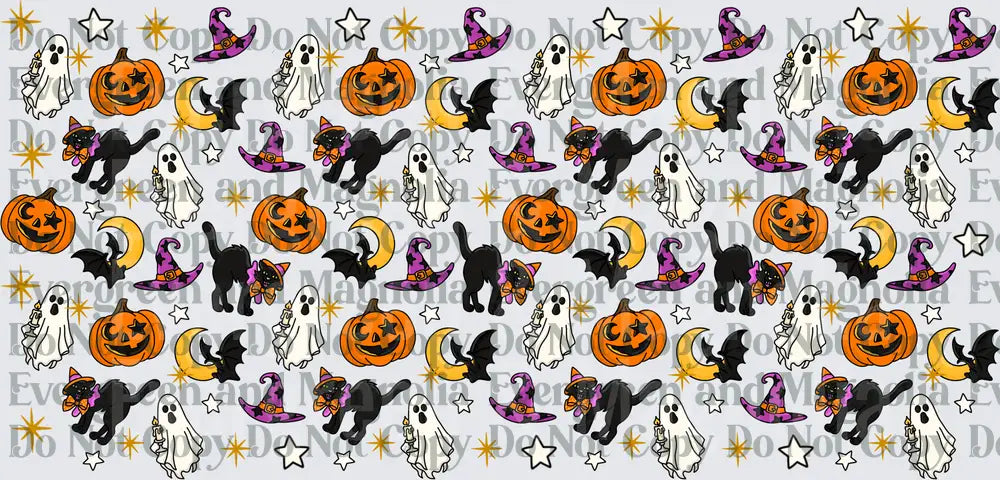 Halloween Pattern Ghosts Cats Pumpkins Bats Witch Hats