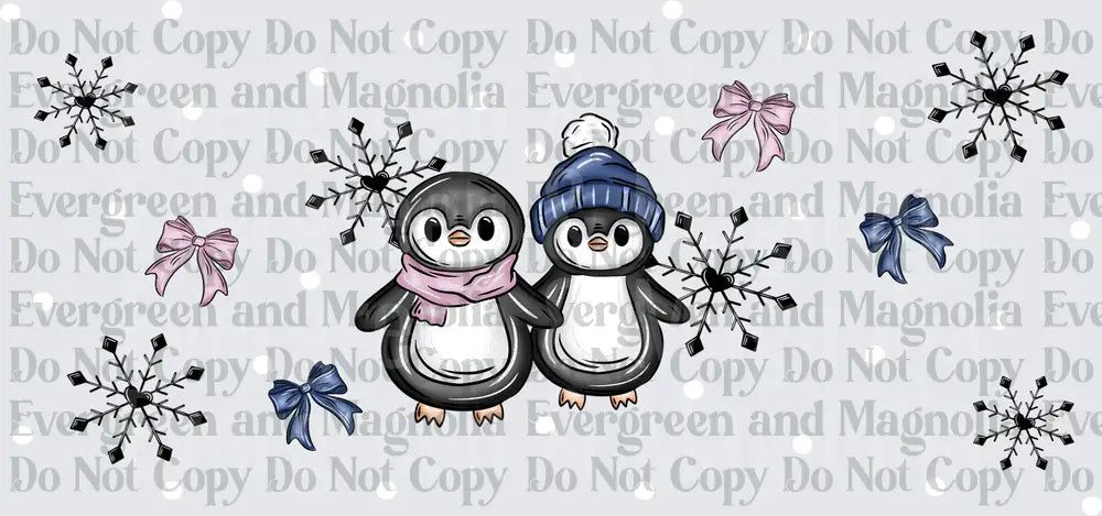 Cute Penguin Couple with Pink Scarf Blue Hat Snowflakes Bows