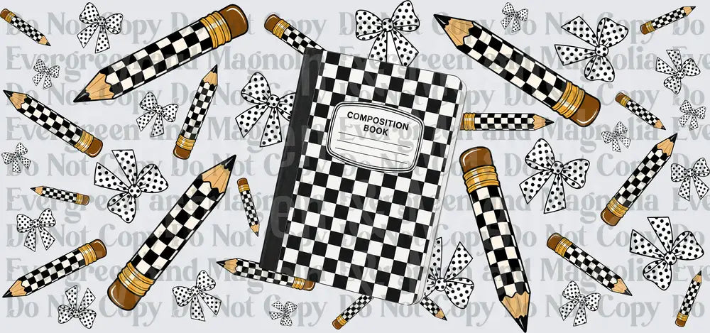 Checkered Composition Book Pencils Polka Dot Bows Pattern