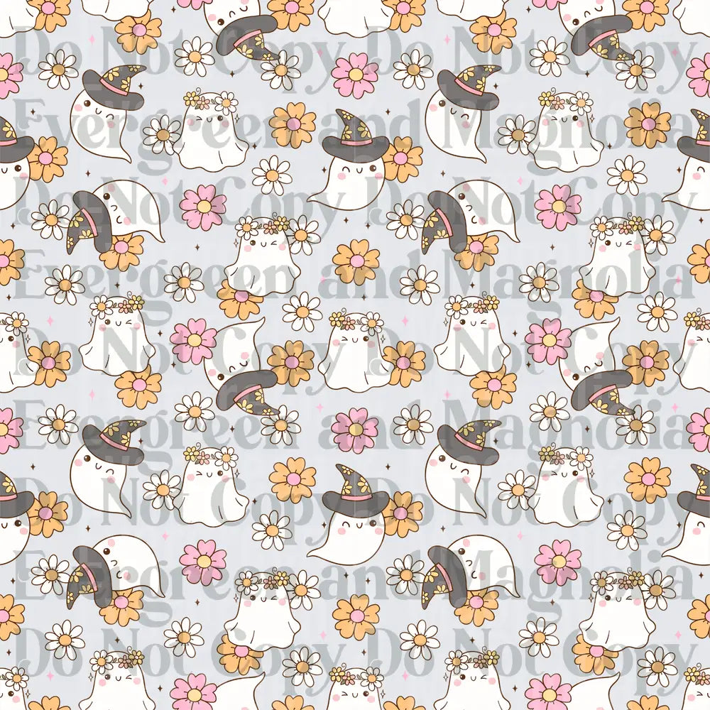 Cute Kawaii Ghost Floral Witch Hat Halloween Pattern