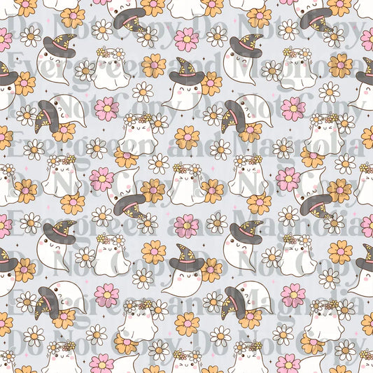 Cute Kawaii Ghost Floral Witch Hat Halloween Pattern