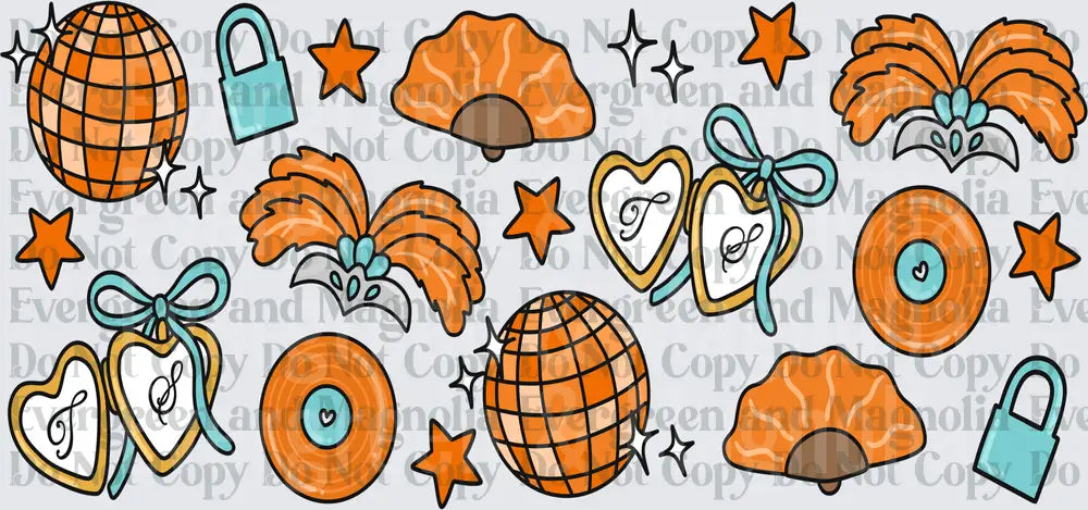 Orange Disco Era Icons Doodle Pattern