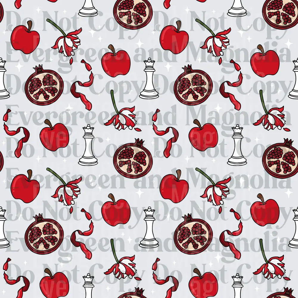Red Apples Pomegranates Chess Queens Floral Ribbon Pattern