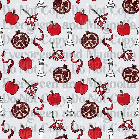 Red Apples Pomegranates Chess Queens Floral Ribbon Pattern