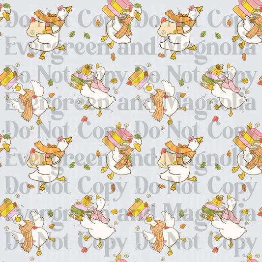Autumn Geese Carrying Books Cozy Scarves Fall Leaves Pattern