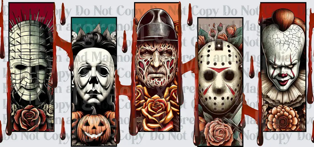 Classic Horror Villains Panel Collage with Roses and Blood