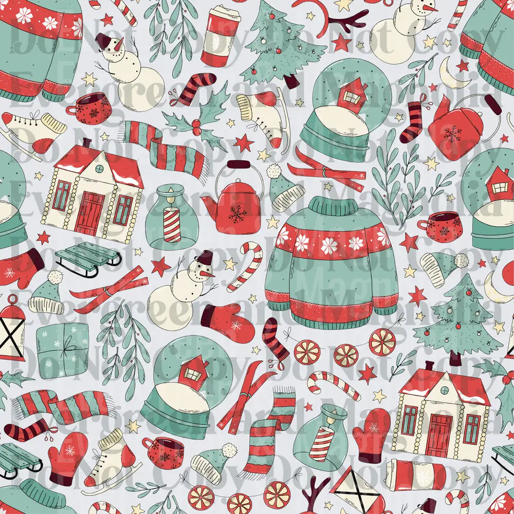 Cozy Christmas Holiday Doodle Pattern Red Green Teal