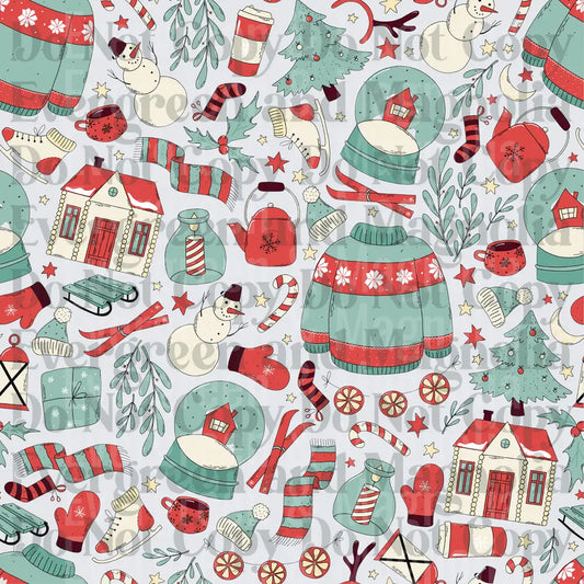 Cozy Christmas Holiday Doodle Pattern Red Green Teal