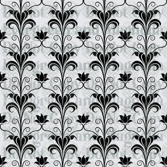 Black and White Art Nouveau Floral Damask Repeat Pattern
