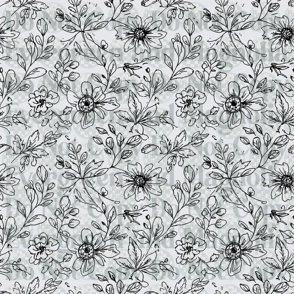 Black and White Hand-Drawn Floral Botanical Pattern