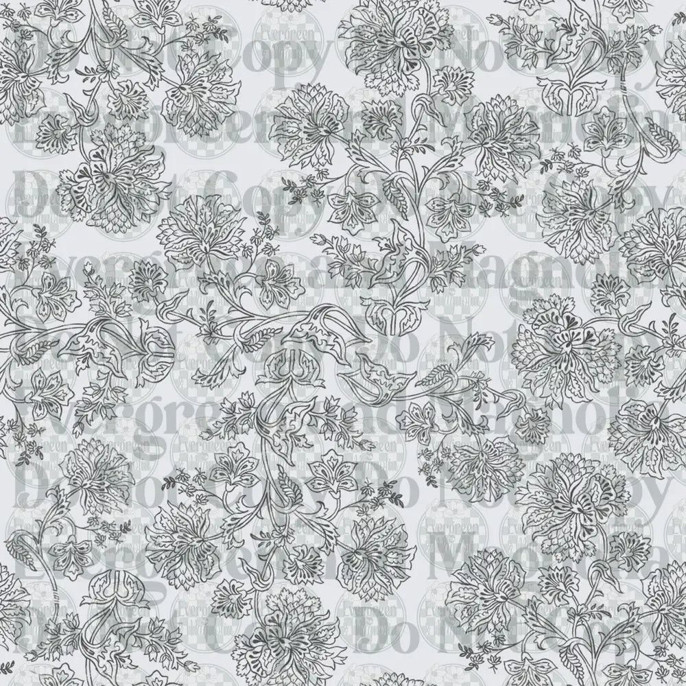 Black and White Jacobean Floral Vine Repeat Pattern