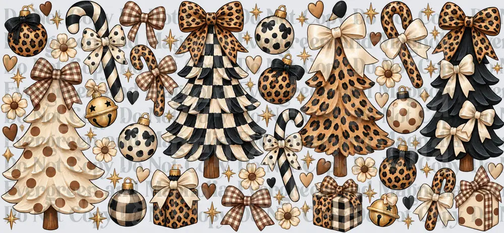 Leopard Print Christmas Trees Bows Ornaments Candy Cane Set
