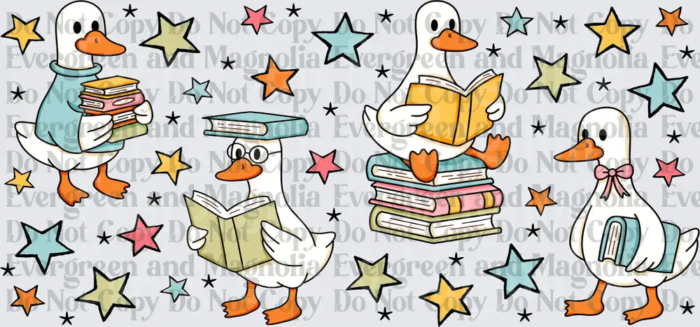 Bookworm Geese Reading Books with Colorful Stars