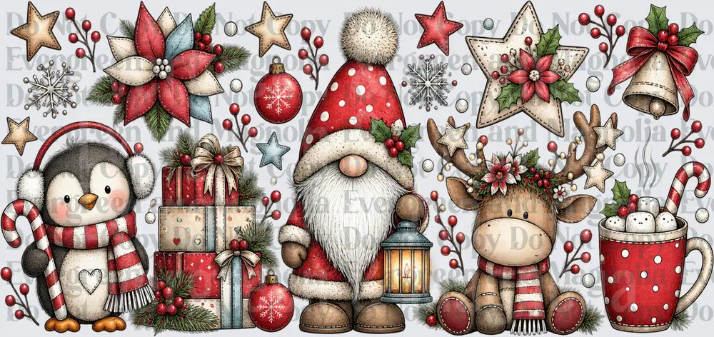 Whimsical Christmas Gnome Penguin Reindeer Holiday Cluster