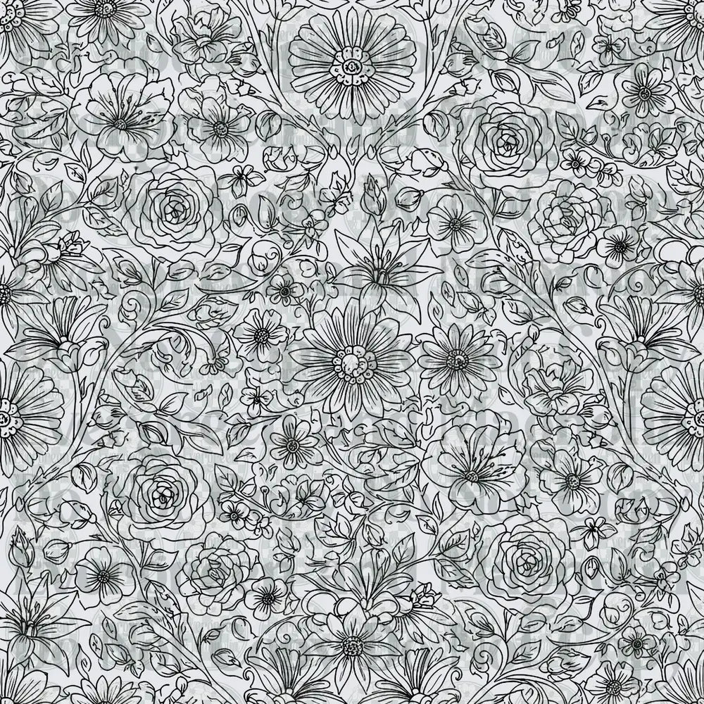 Black and White Dense Floral Botanical Line Art Pattern