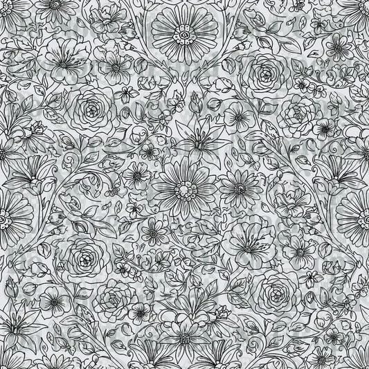 Black and White Dense Floral Botanical Line Art Pattern
