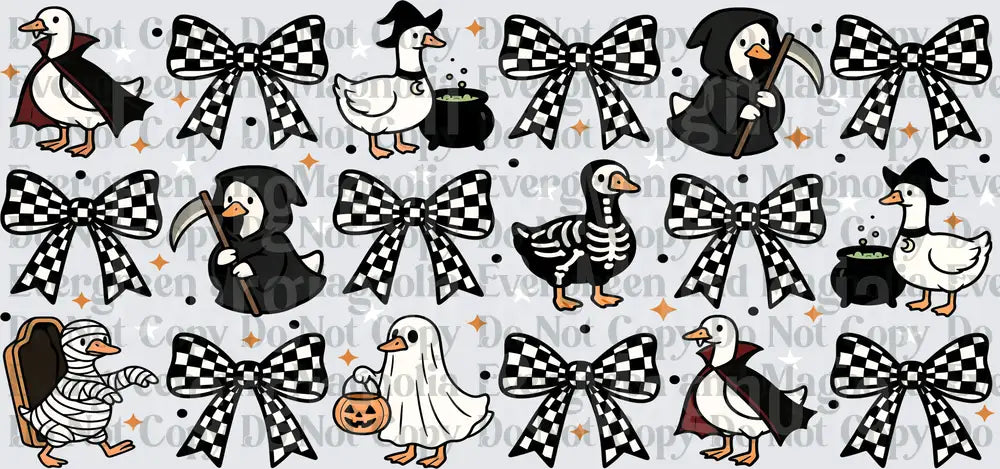 Spooky Halloween Geese and Checkered Bows Pattern